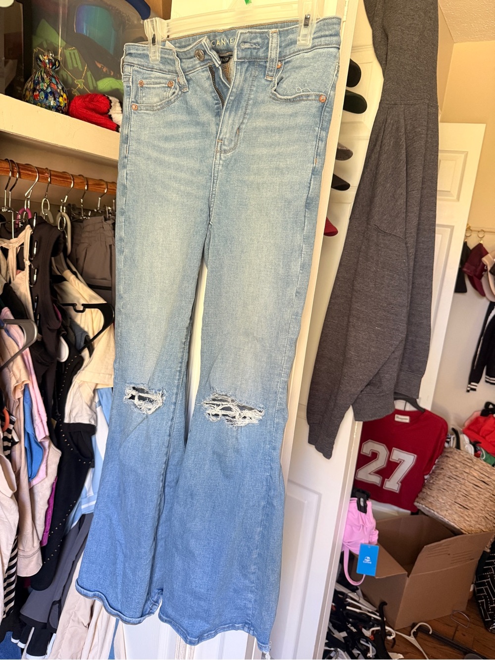 American Eagle Outfitters Light Blue High-Rise Distressed Flare Jeans